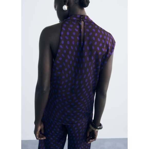 NEW Mango Polka-dot blouse with draped collar BROWN SIZE L-8/100% AUTHENTIC - Picture 1 of 9